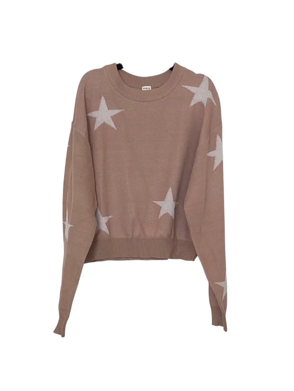 Girl's SHEIN Tan White Stars Print Crewneck Long Sleeve Top 10Y